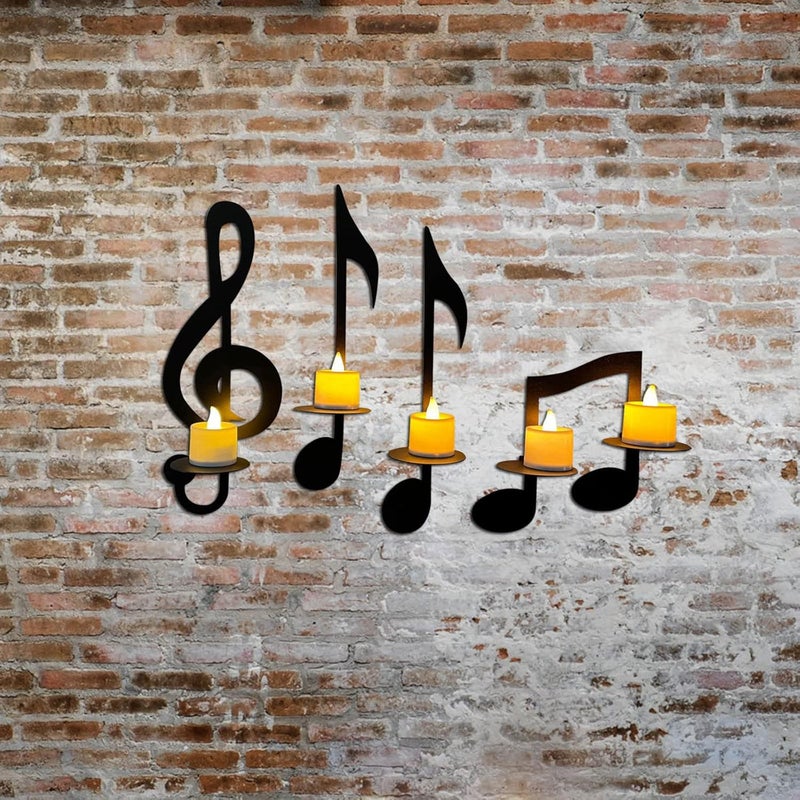 MANMAOHE Black Music Note Wall Sconce Metal Wall Sconce Candle Holder Set of 4 Wall Mount Tea Light Candle Holders Musical Symbol Candle Holder Rack for Home Office Classroom - Image 5